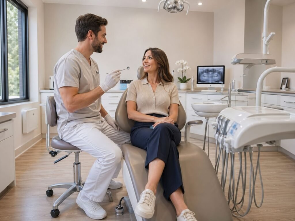 Dentista conversando com paciente em consultório moderno, transmitindo confiança para tirar dúvidas